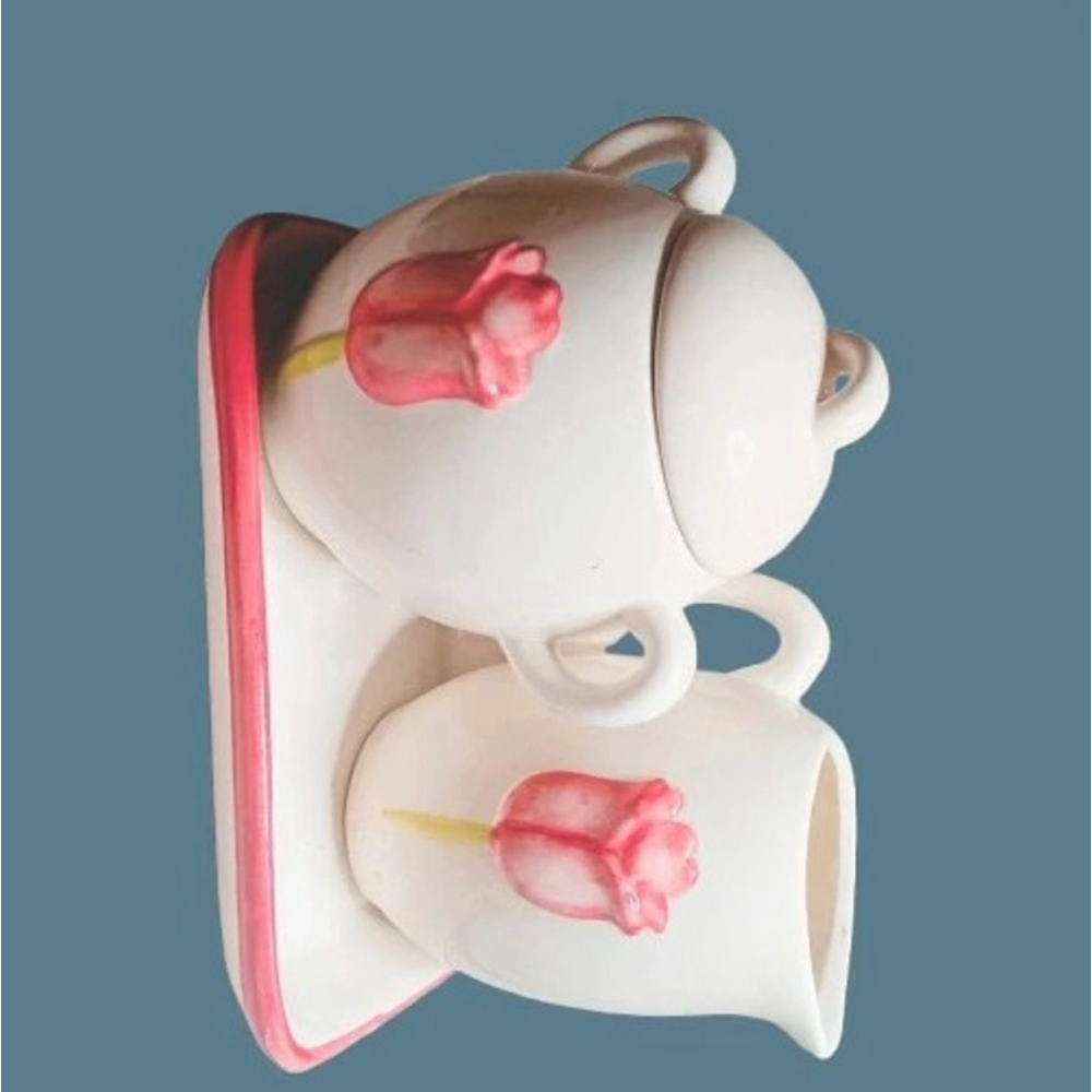 PAI China Tea Set-Pink Tulip Ceramic Sugar & Creamer on Tray, Vintage Floral
